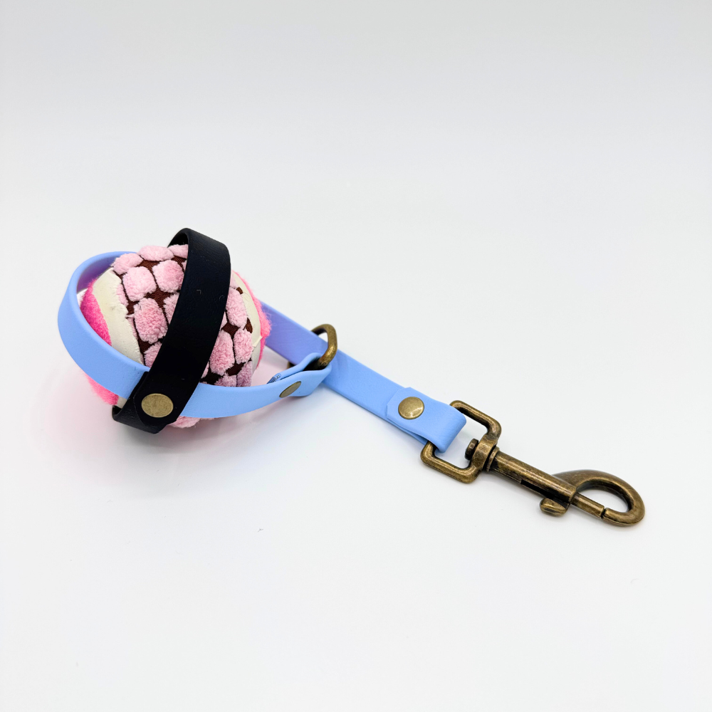 Blue biothane ball holder with pink ball inside