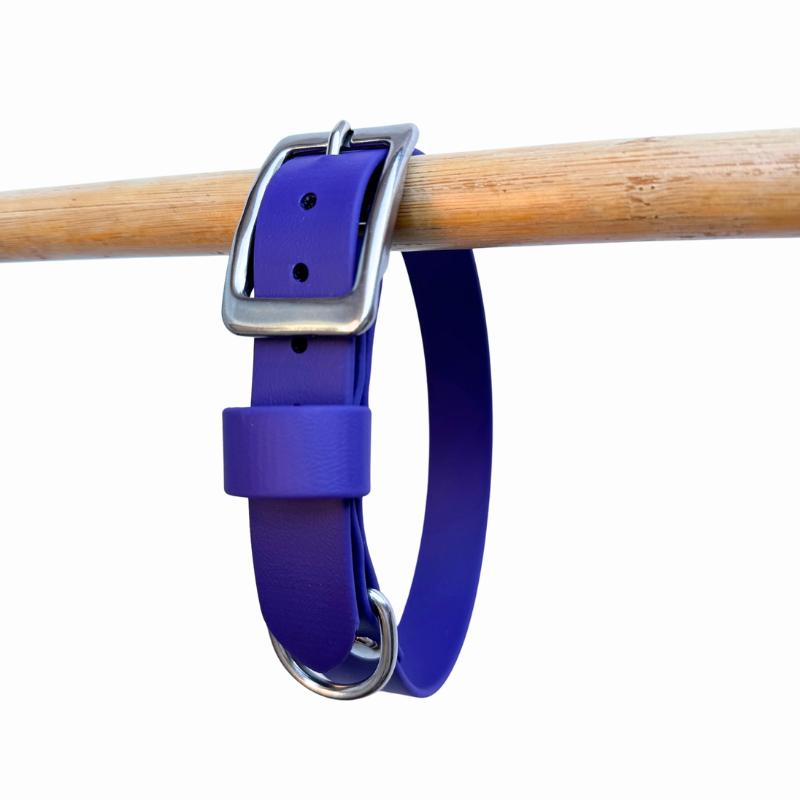 Purple Biothane dog collar on a wooden rod against a white background.