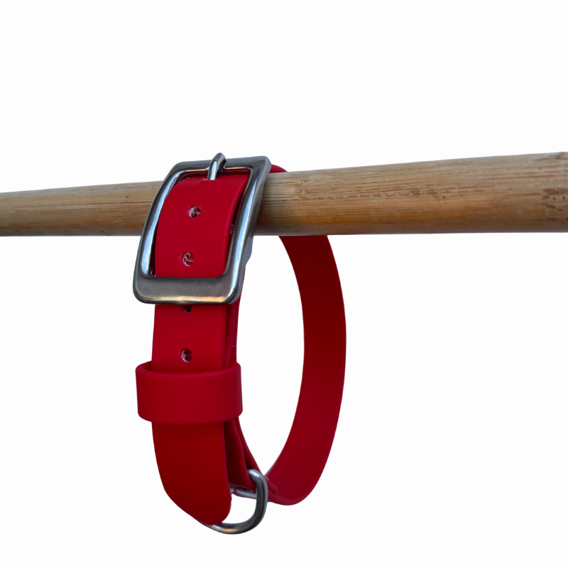 Red Biothane dog collar on a wooden rod against a white background.