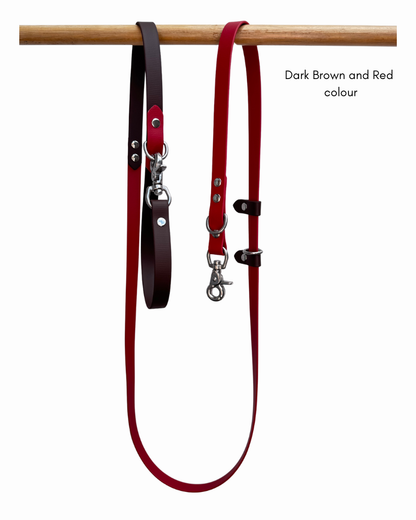 Dark brown and red Biothane 5 in 1 dog leash