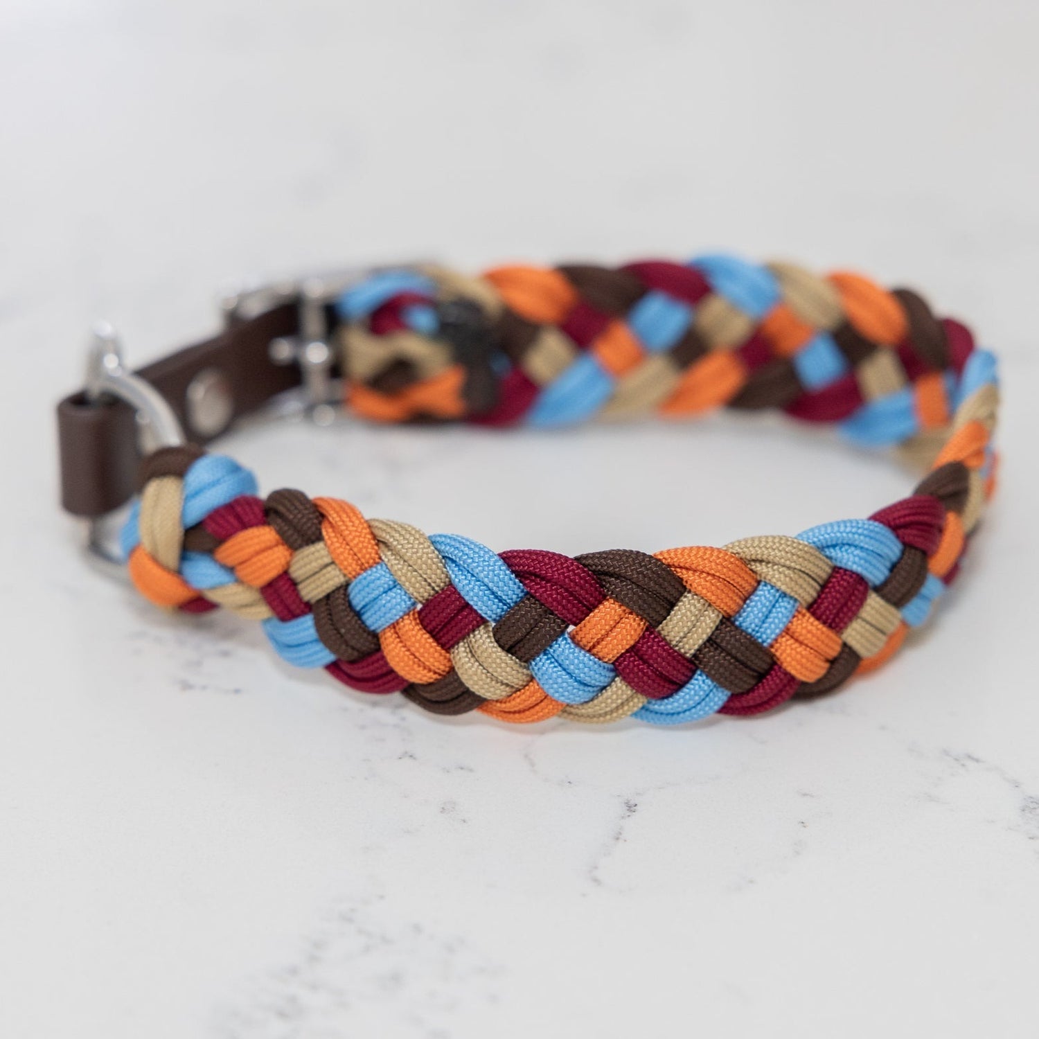 A multicolored paracord collar with a Biothane adapter and buckle, laid out on a flat surface.