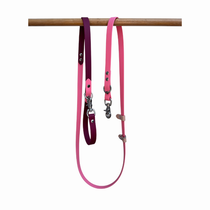 Pink and burgudy dog leash with metal clips on a wooden rod against a white background